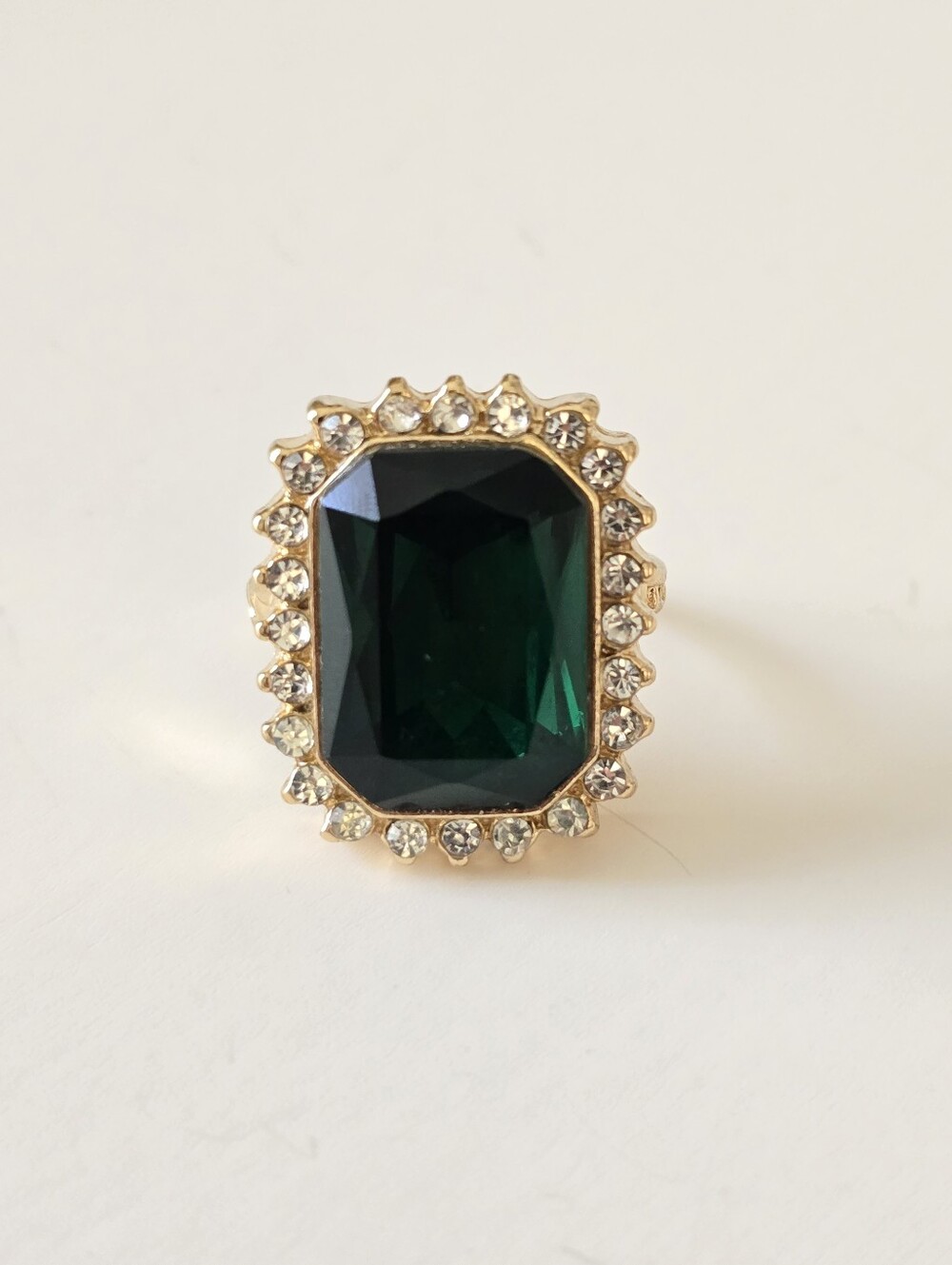 Gold-Plated Emerald Green Cocktail Ring with Clear Crystal Halo